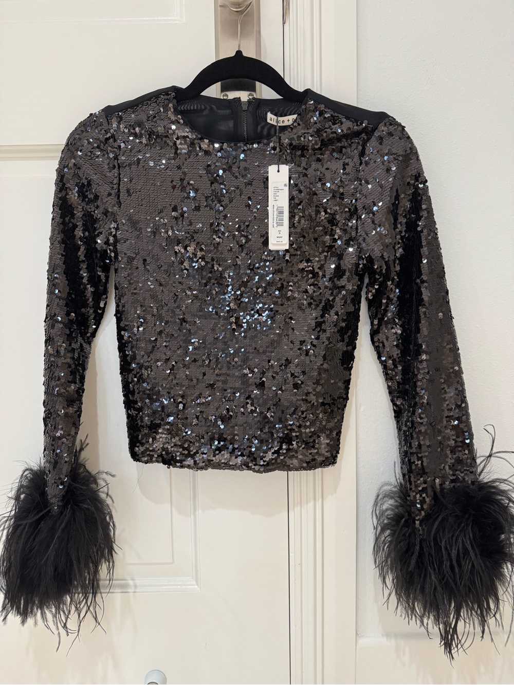 Alice + Olivia Black Sequin Long-Sleeve Top with Feather Cuffs